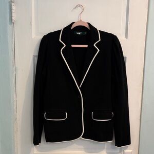 Lauren Ralph Lauren Stretchy Knit Black Blazer with White Piping. Size XL.
